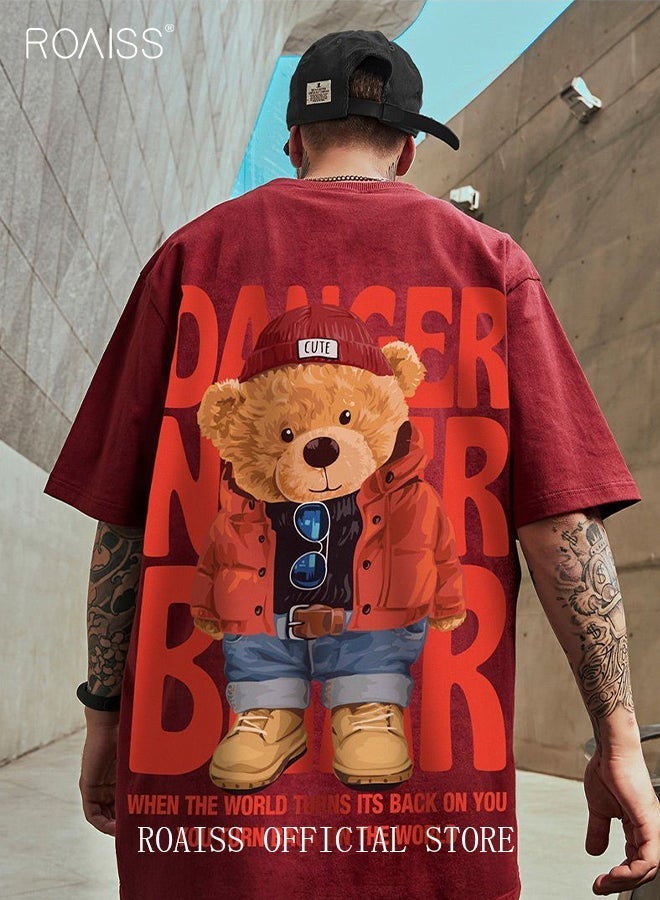 رويس تيشيرت رجالي فضفاض مطبوع من قطعتين، بياقة دائرية وأكتاف منسدلة وأكمام بطول الكوع، مصنوع من قماش بوليستر يسمح بالتهوية، ملابس رياضية عصرية مزينة بحروف وأرقام، قطعة أساسية متعددة الاستخدامات لفصل الصيف. - Image 2